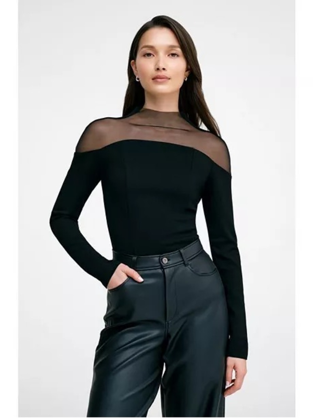 Black Sheer Yoke Long-Sleeve Top
